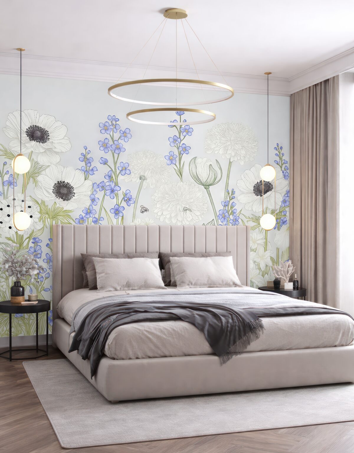 Fototapeta Kwiaty polne w malowaniu, niebieskie i białe, na szarej tle.