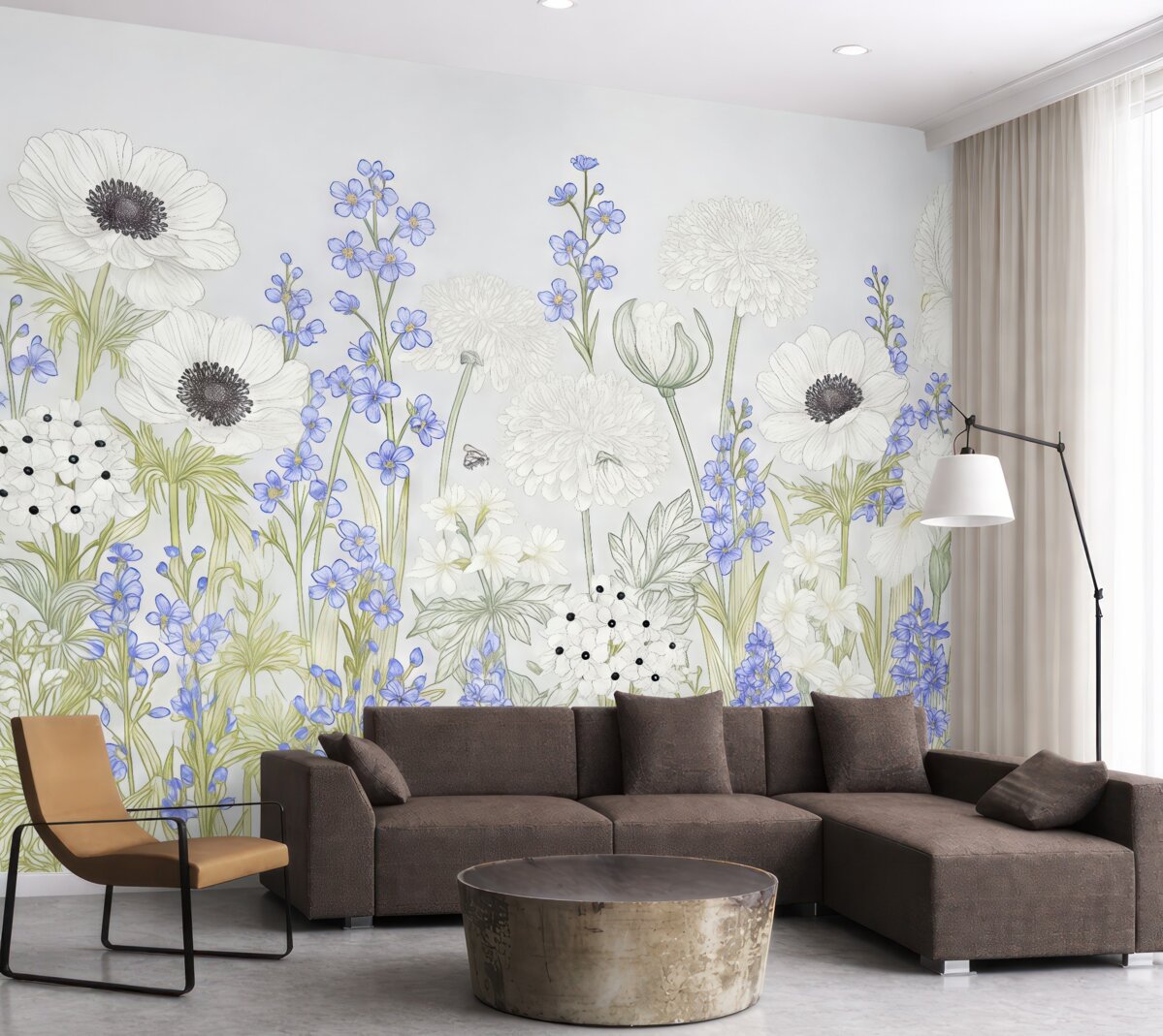 Fototapeta Kwiaty polne w malowaniu, niebieskie i białe, na szarej tle.