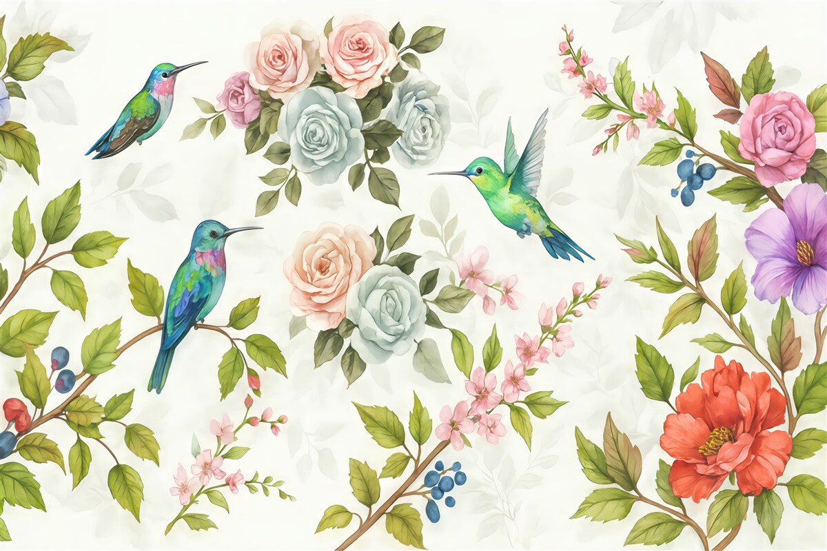 Fototapeta gałęzie z jasnymi kwiatami oraz ptakami