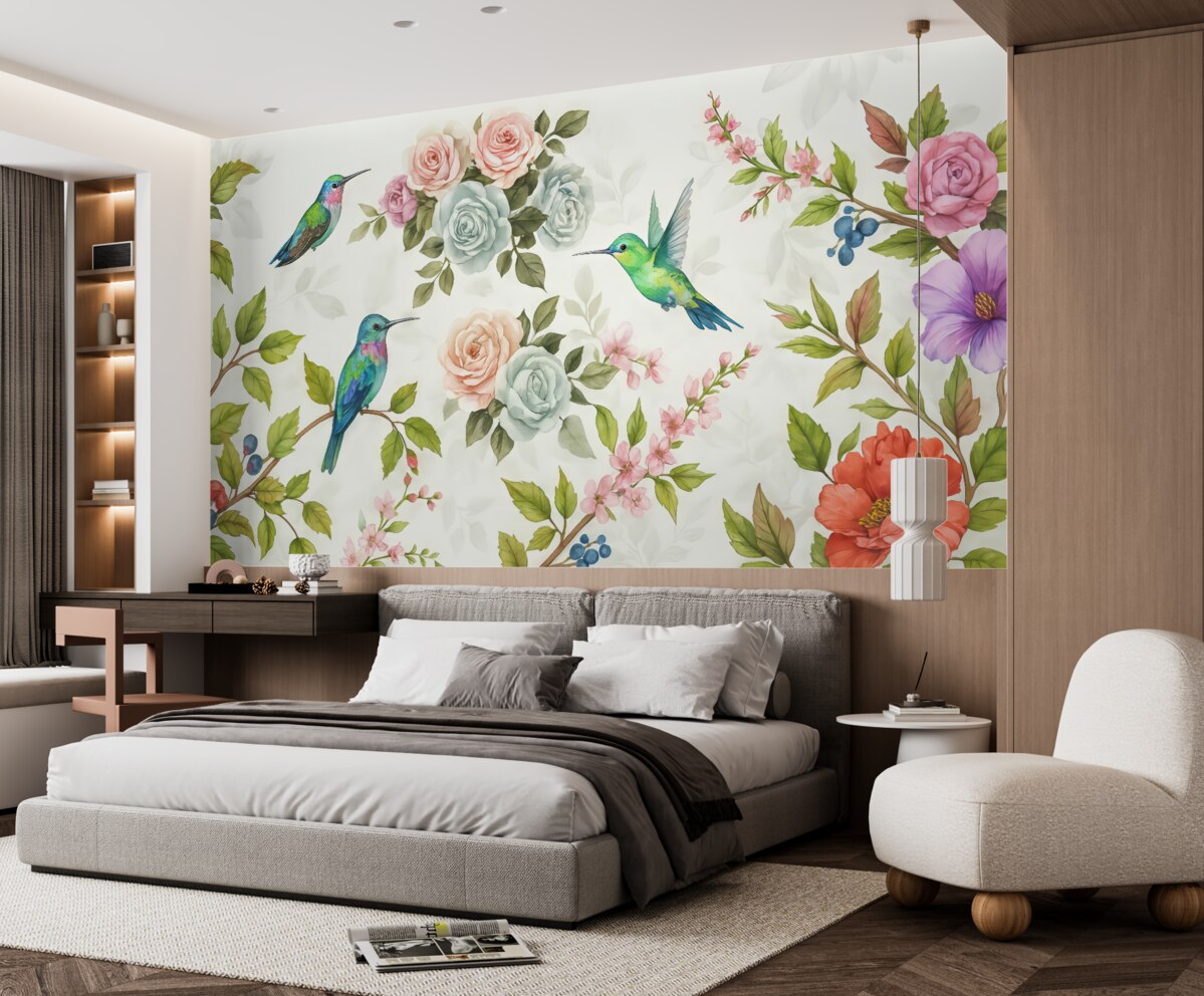 Fototapeta gałęzie z jasnymi kwiatami oraz ptakami