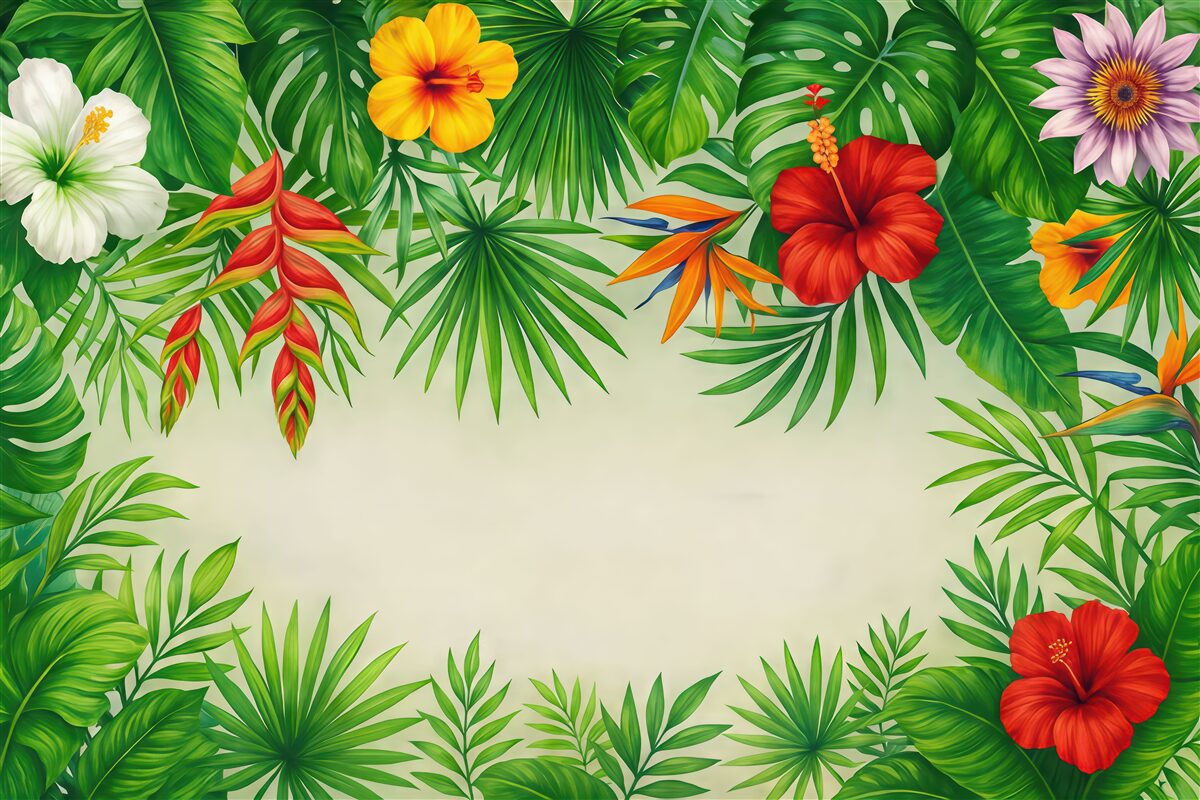 Fototapeta liście tropikalne, kwiaty egzotyczne, zielone liście, spore liście na szczycie