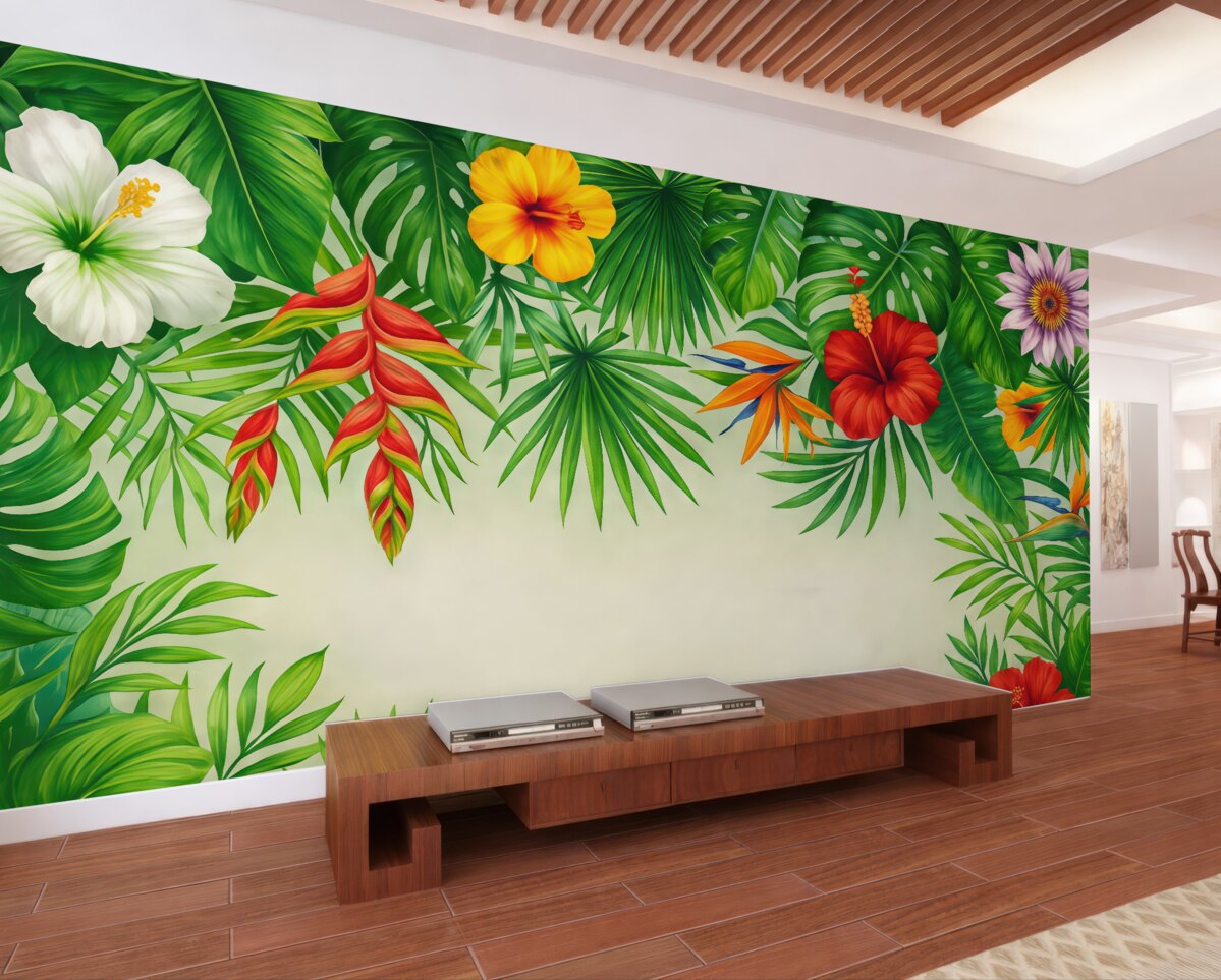 Fototapeta liście tropikalne, kwiaty egzotyczne, zielone liście, spore liście na szczycie