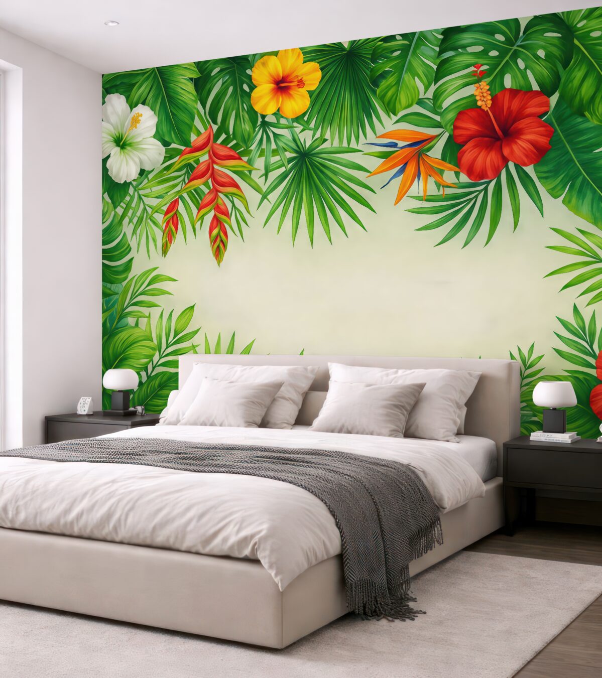 Fototapeta liście tropikalne, kwiaty egzotyczne, zielone liście, spore liście na szczycie