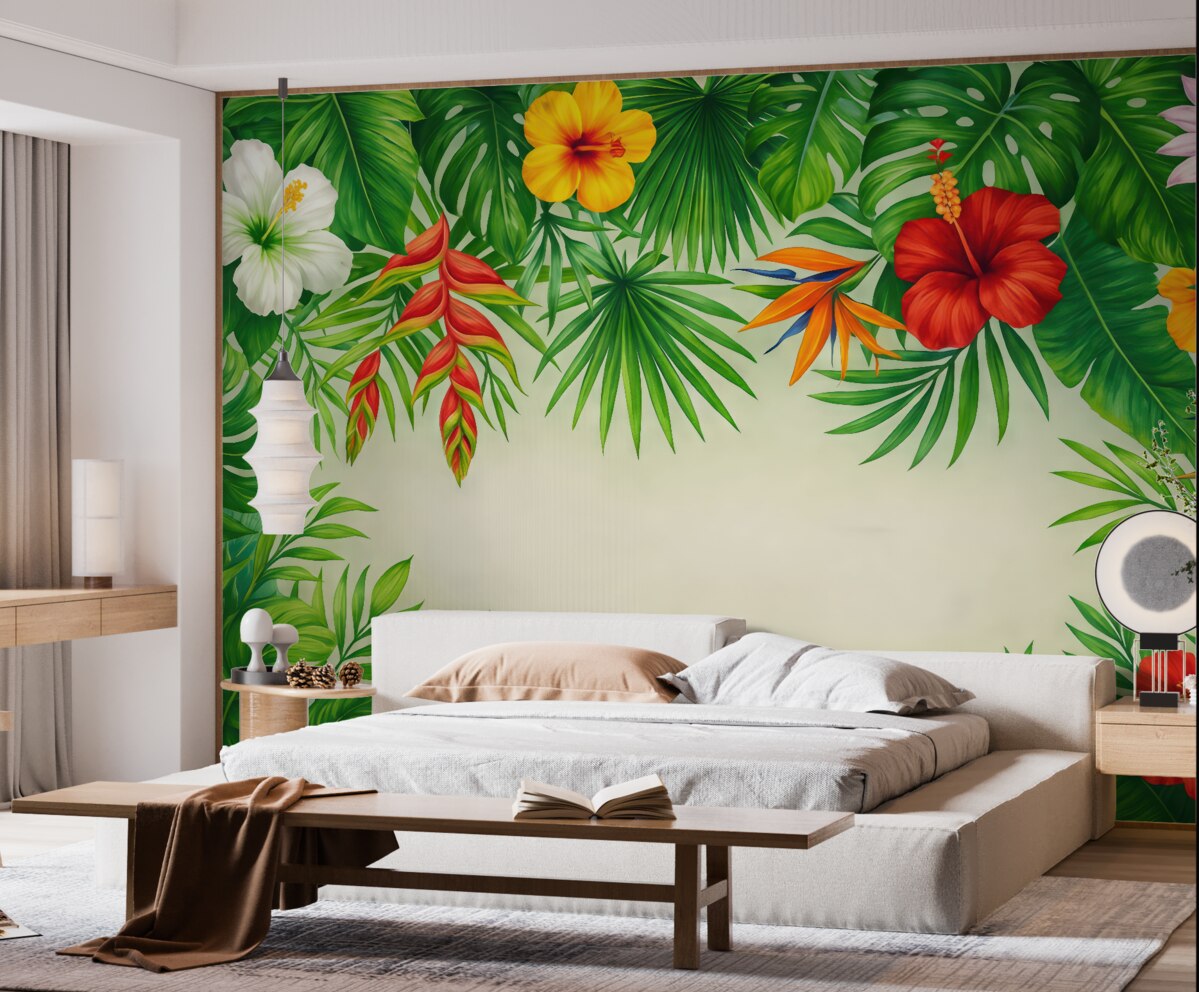 Fototapeta liście tropikalne, kwiaty egzotyczne, zielone liście, spore liście na szczycie