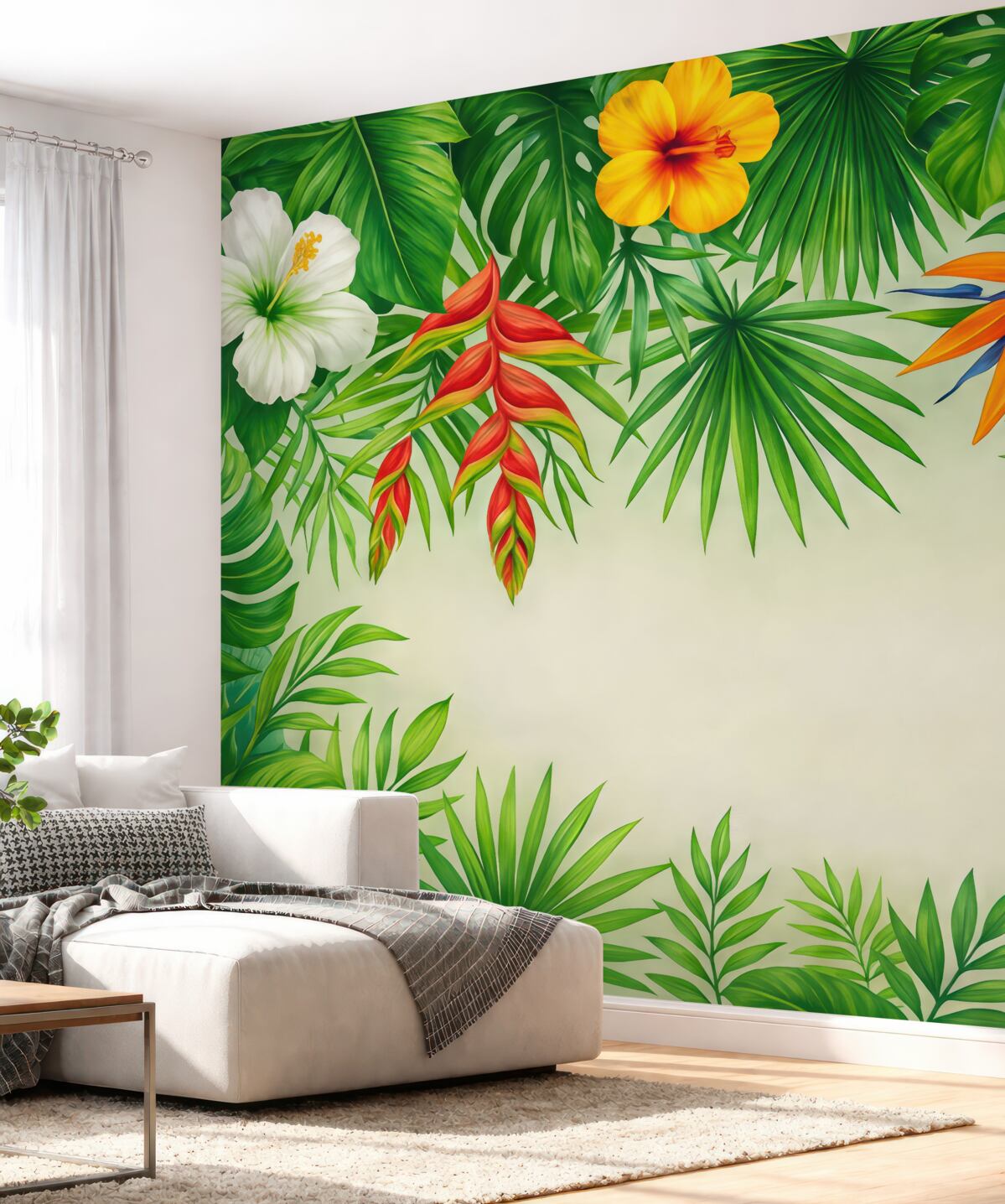 Fototapeta liście tropikalne, kwiaty egzotyczne, zielone liście, spore liście na szczycie