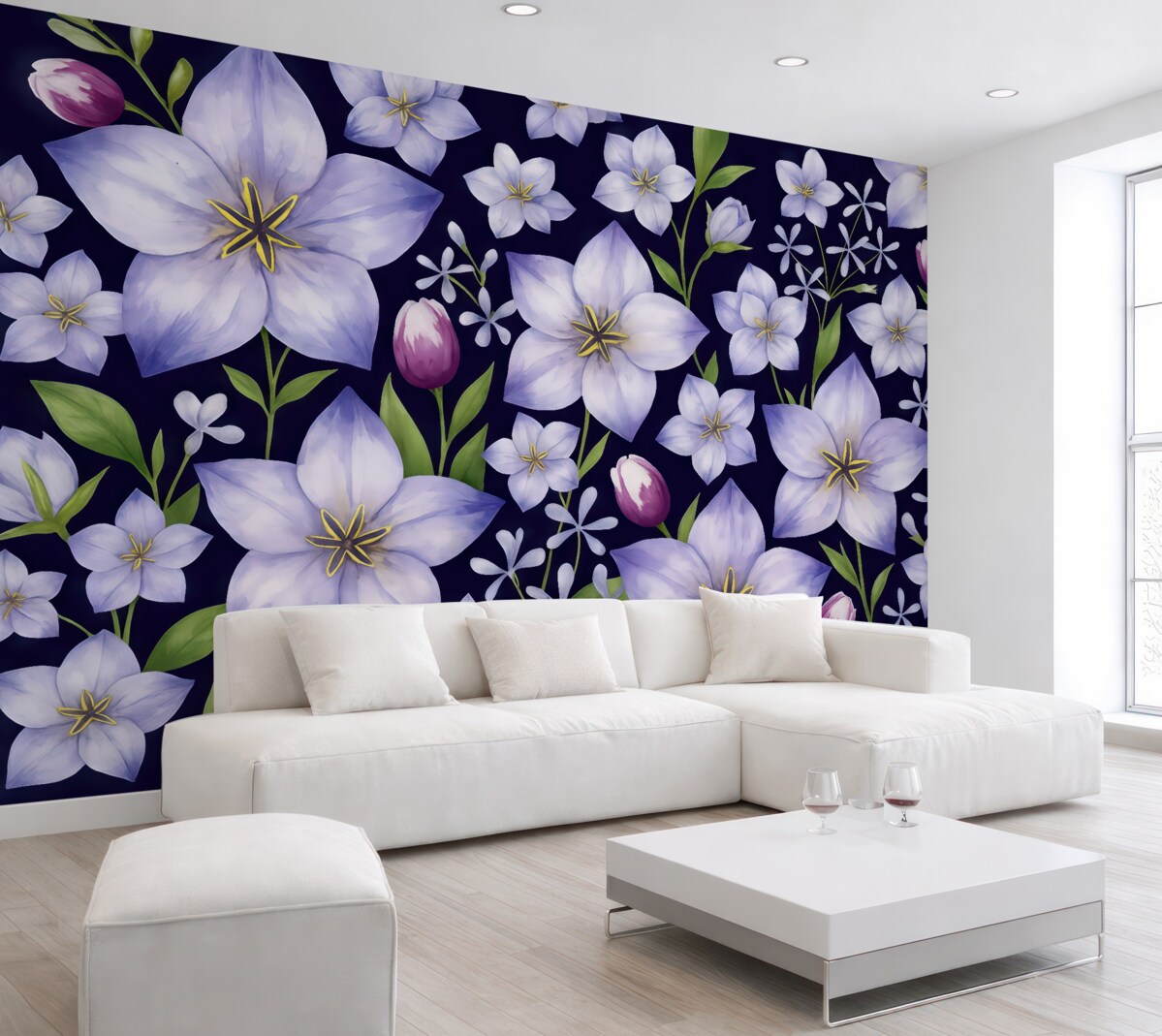 Fototapeta wielkie akwarelowe kwiaty w subtelnym liliowym odcieniu na ciemnoniebieskiej powierzchni
