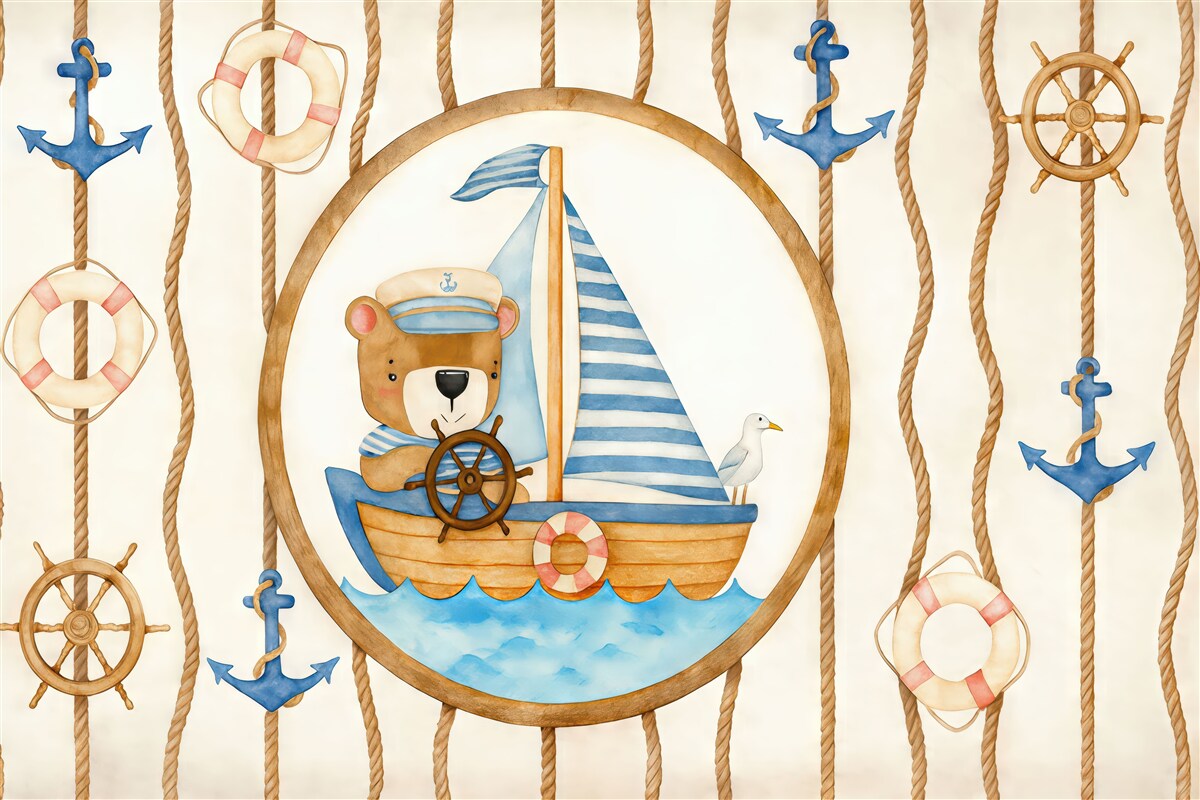 Fototapeta Tapeta do pokoju dla dzieci z morską grafiką i uroczym misiem na łódce w stylu akwareli na jasnym tle.