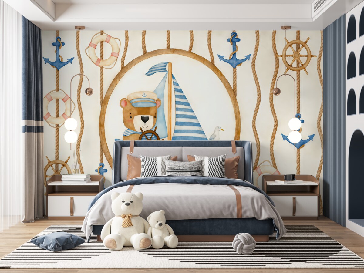 Fototapeta Tapeta do pokoju dla dzieci z morską grafiką i uroczym misiem na łódce w stylu akwareli na jasnym tle.