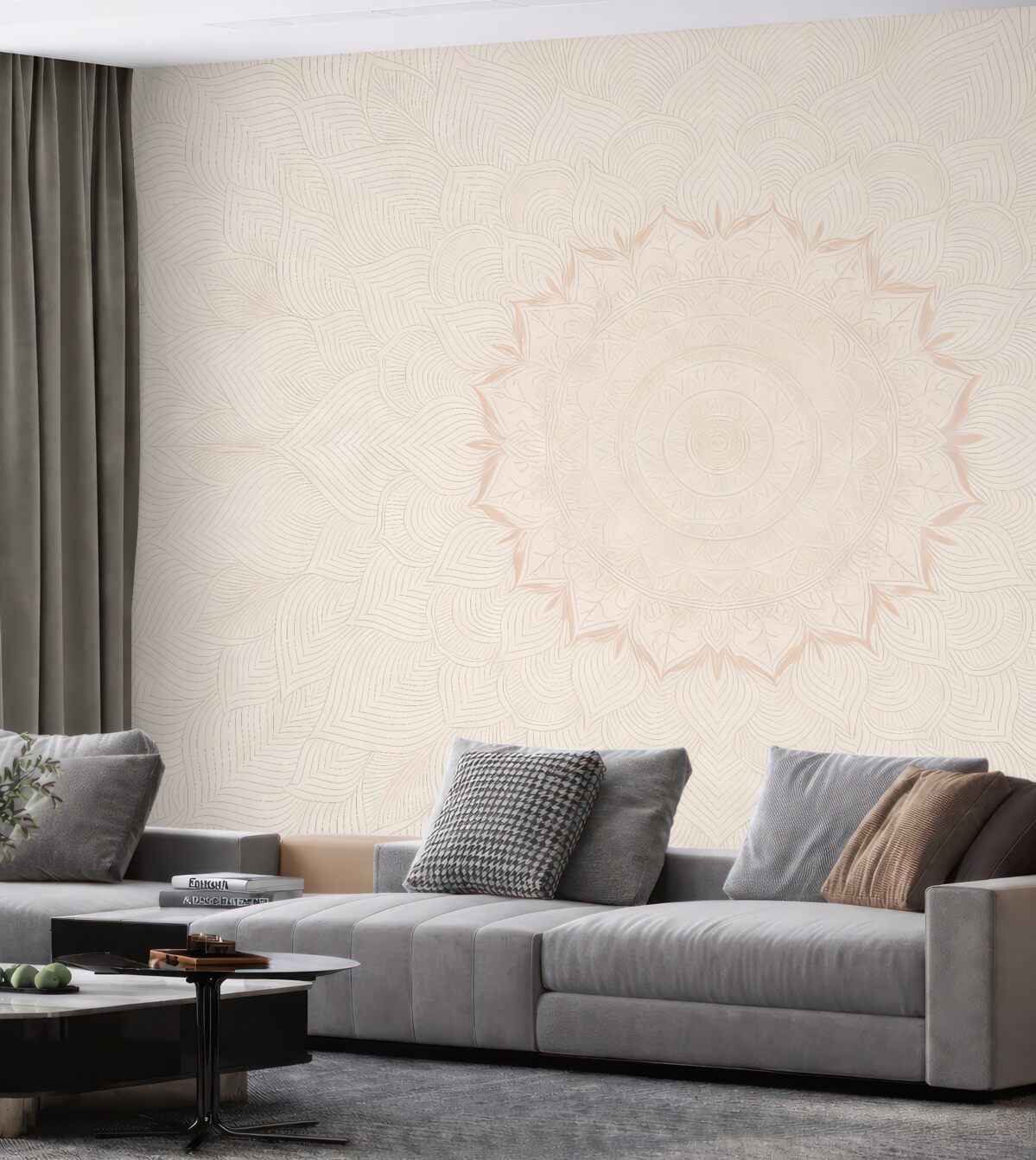 Fototapeta Okrągła mandala, tapeta do jogi lub do harmonizacji przestrzeni prywatnej. Mandala na ścianie w ciepłych pastelowych odcieniach na teksturowanym nieregularnym tle.