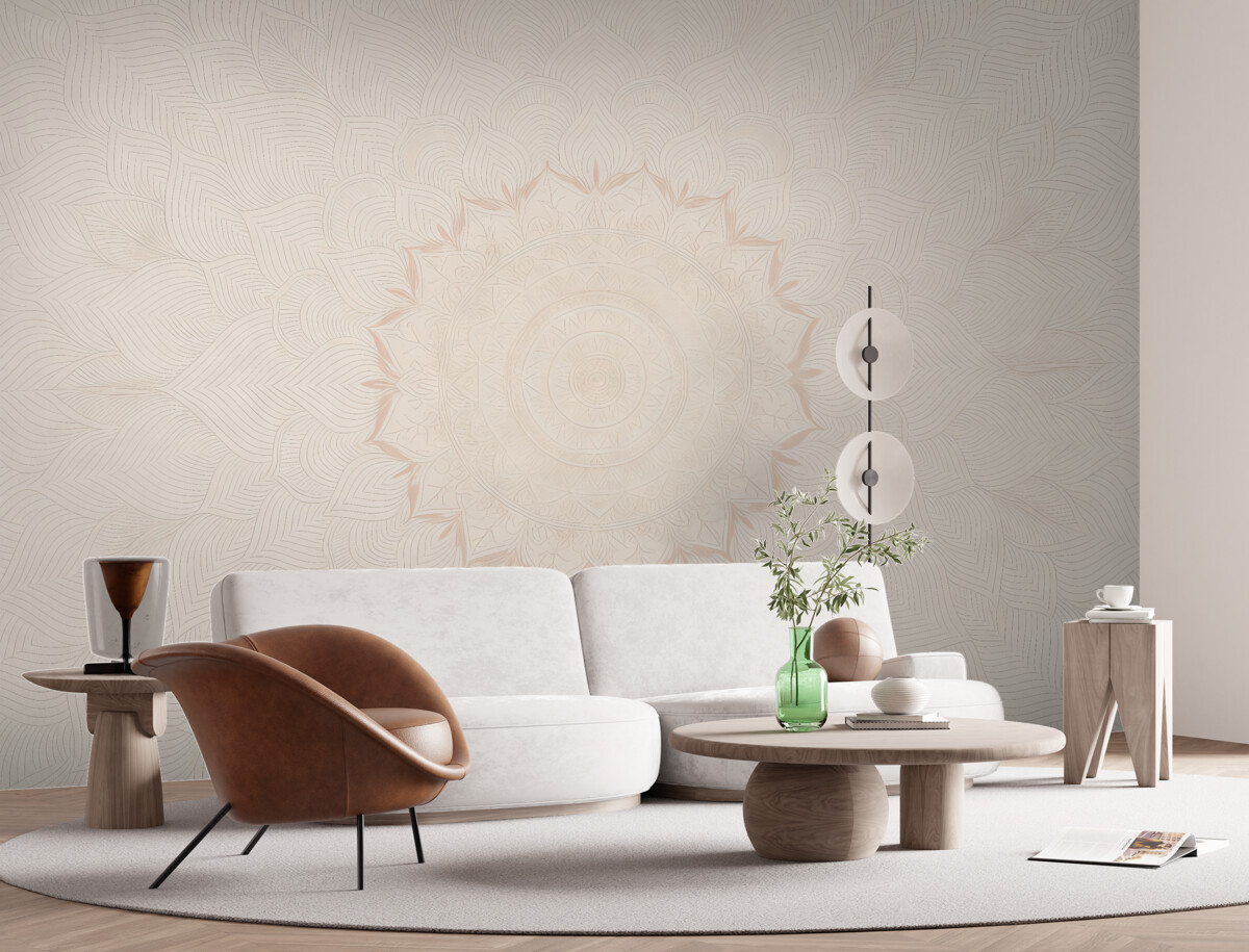 Fototapeta Okrągła mandala, tapeta do jogi lub do harmonizacji przestrzeni prywatnej. Mandala na ścianie w ciepłych pastelowych odcieniach na teksturowanym nieregularnym tle.