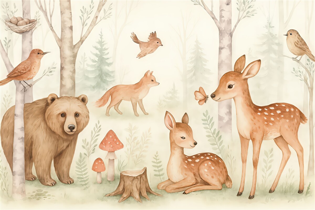 Fototapeta Tapeta do pokoju dla dzieci, leśne zwierzęta. Subtelna tapeta w stylu akwareli w miłych ciepłych pastelowych odcieniach na jasnym tle.