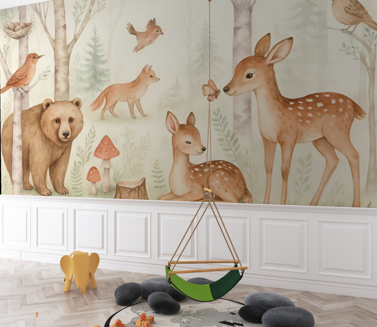 Fototapeta Tapeta do pokoju dla dzieci, leśne zwierzęta. Subtelna tapeta w stylu akwareli w miłych ciepłych pastelowych odcieniach na jasnym tle.