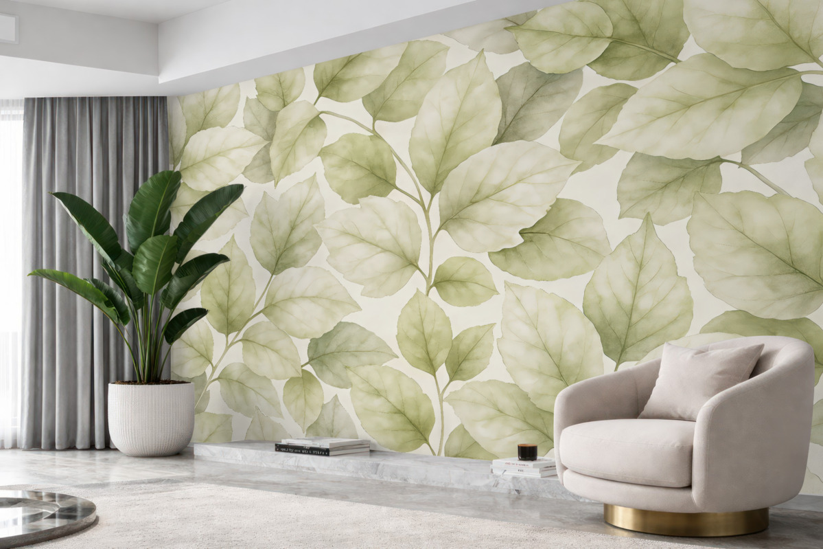 Fototapeta Tapeta o fakturze z dużymi liśćmi w pastelowych tonach beżu.