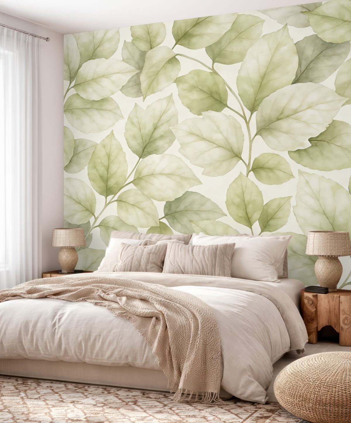 Fototapeta Tapeta o fakturze z dużymi liśćmi w pastelowych tonach beżu.