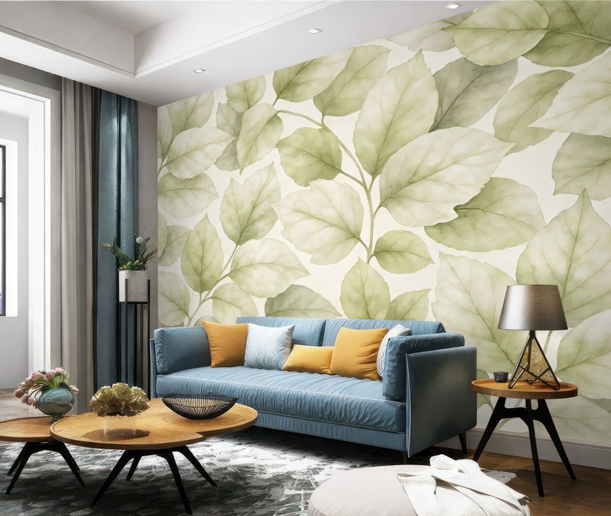 Fototapeta Tapeta o fakturze z dużymi liśćmi w pastelowych tonach beżu.