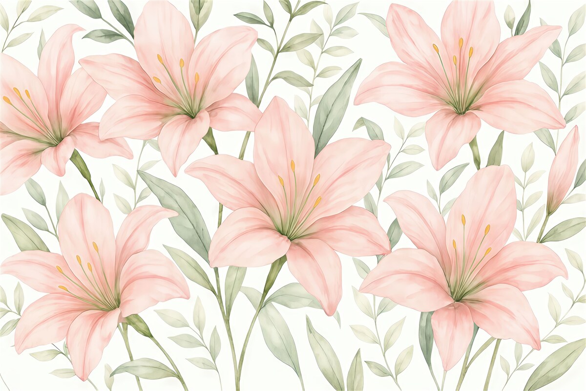 Fototapeta Wielkie jasnoróżowe lilie oraz liście w akwarelowym stylu na białym tle.