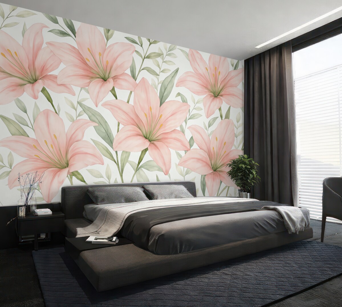 Fototapeta Wielkie jasnoróżowe lilie oraz liście w akwarelowym stylu na białym tle.