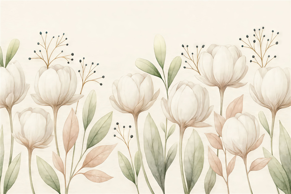 Fototapeta Subtelne bawełniane rośliny i liście w technice akwareli na jasnym tle.