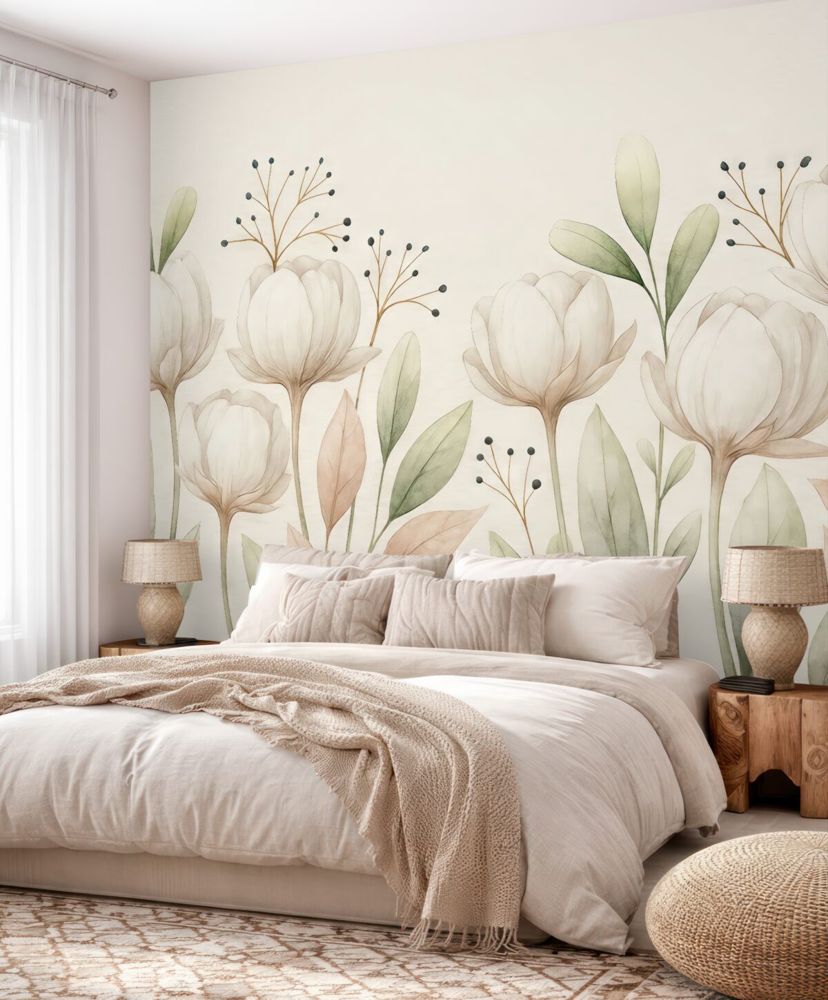 Fototapeta Subtelne bawełniane rośliny i liście w technice akwareli na jasnym tle.