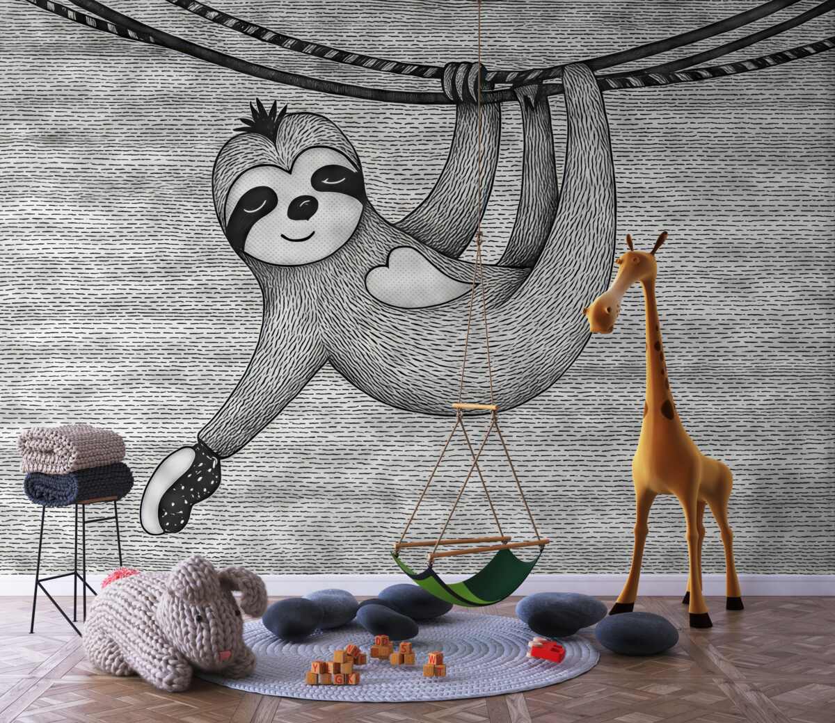 Fototapeta Uroczy i komiczny leniwiec w minimalistycznym czarno-białym wydaniu, zawieszony na lianie.