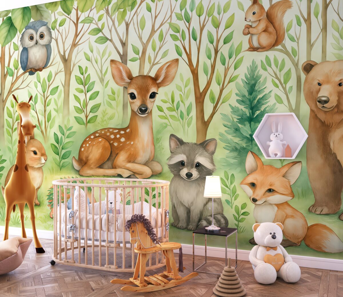 Fototapeta Tapeta dziecięca z leśnymi zwierzętami. Radosna tapeta na jasnym tle.