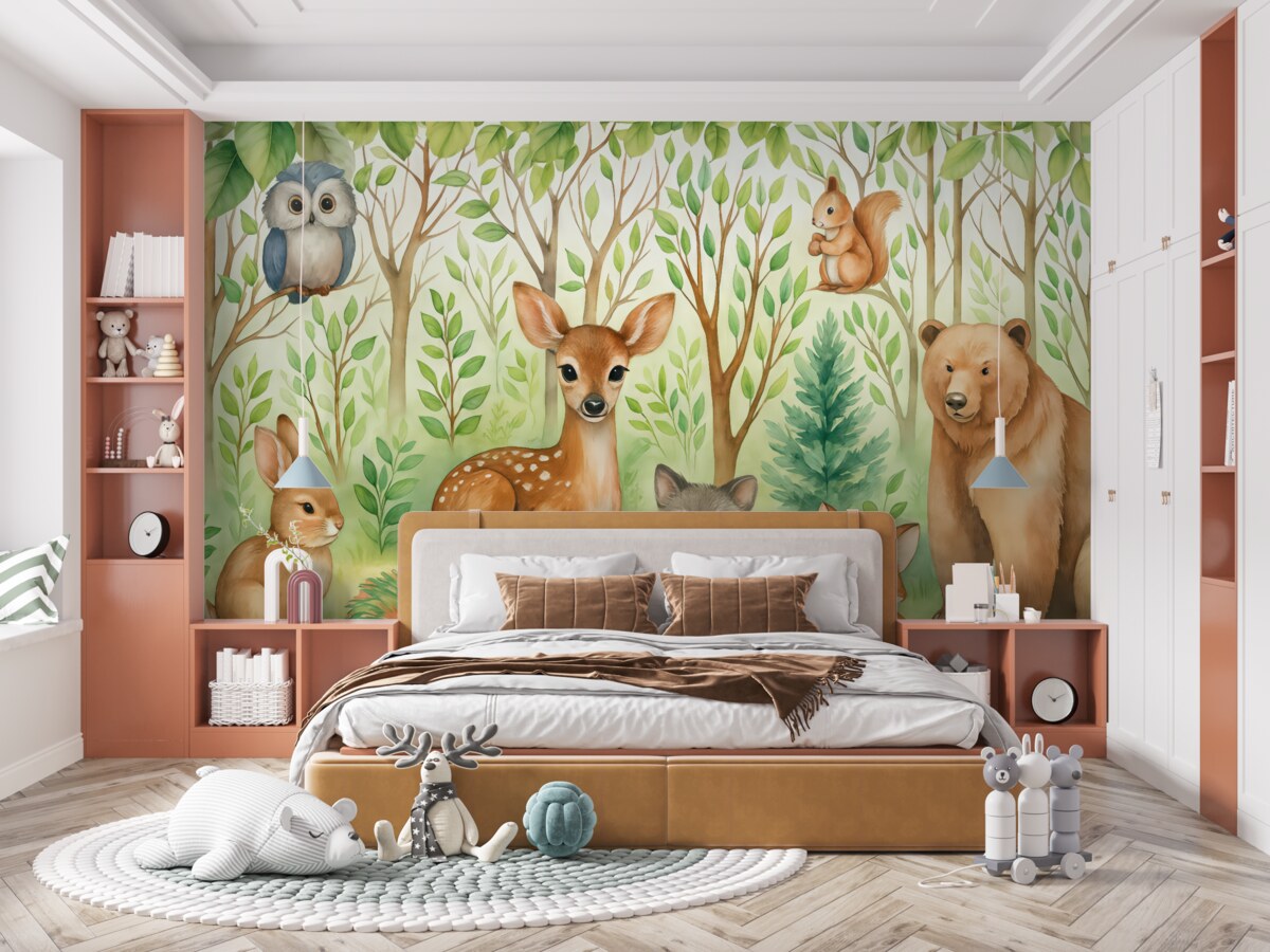 Fototapeta Tapeta dziecięca z leśnymi zwierzętami. Radosna tapeta na jasnym tle.