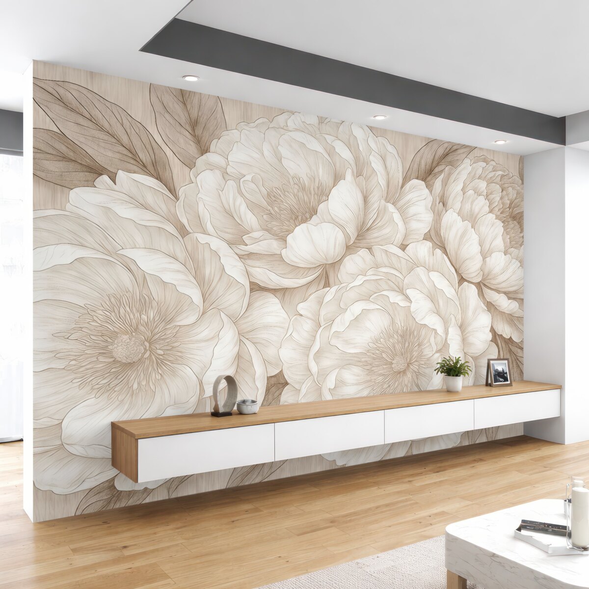 Fototapeta Teksturowane duże kwiaty peonii w odcieniach kremu.