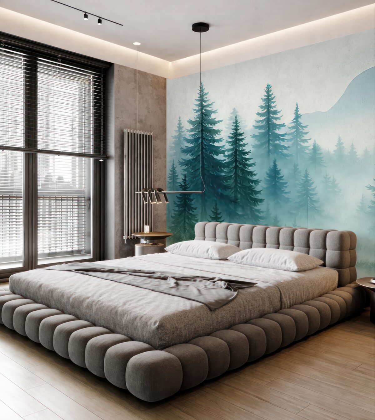 Fototapeta Subtelny pejzaż w niebieskiej tonacji z jodłami w technice akwarelowej na jasnym tle.