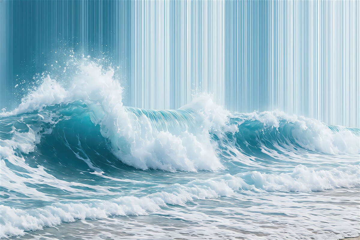 Fototapeta Tapeta w niebieskich tonacjach z dużą morską falą na tle w pasy.