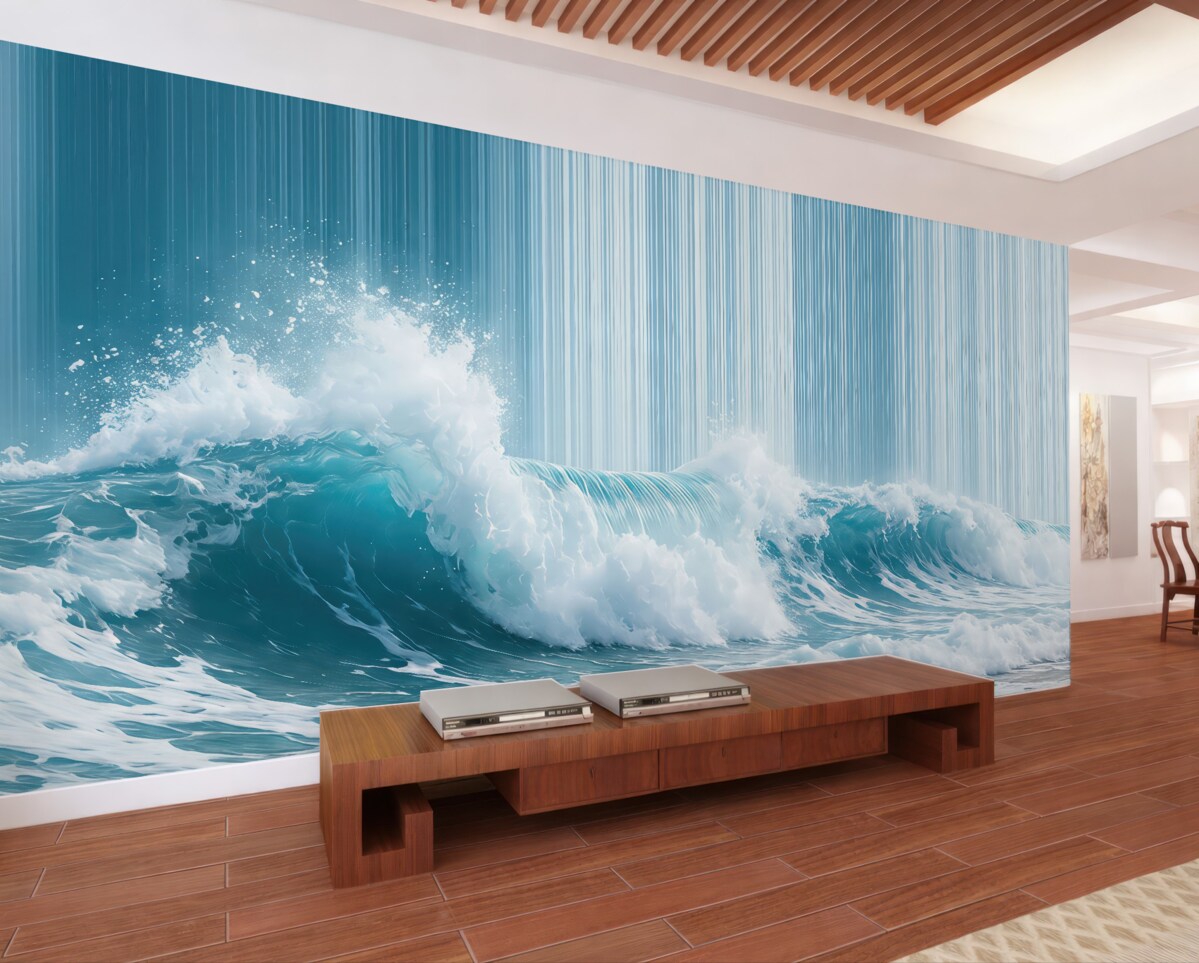 Fototapeta Tapeta w niebieskich tonacjach z dużą morską falą na tle w pasy.