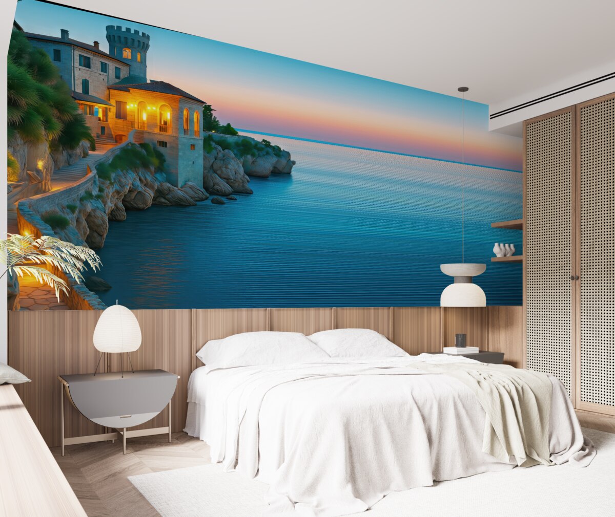 Fototapeta Tapeta w morskim stylu z twierdzą i skalistym wybrzeżem na wielobarwnym tle w paski.