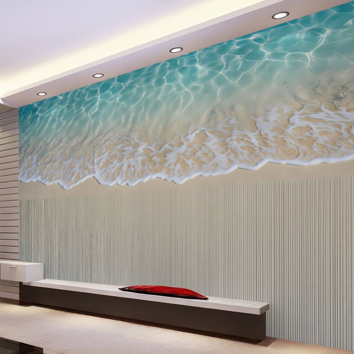 Fototapeta Tapeta w tonacjach beżu i błękitu z morskimi falami i pianą na tle w prążki.