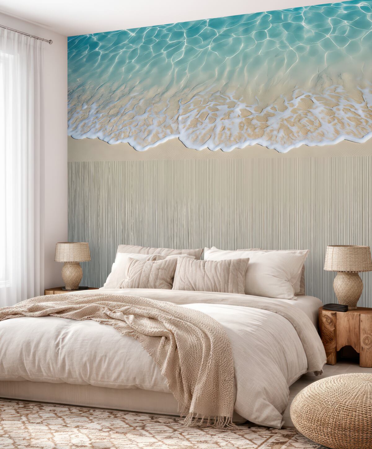 Fototapeta Tapeta w tonacjach beżu i błękitu z morskimi falami i pianą na tle w prążki.