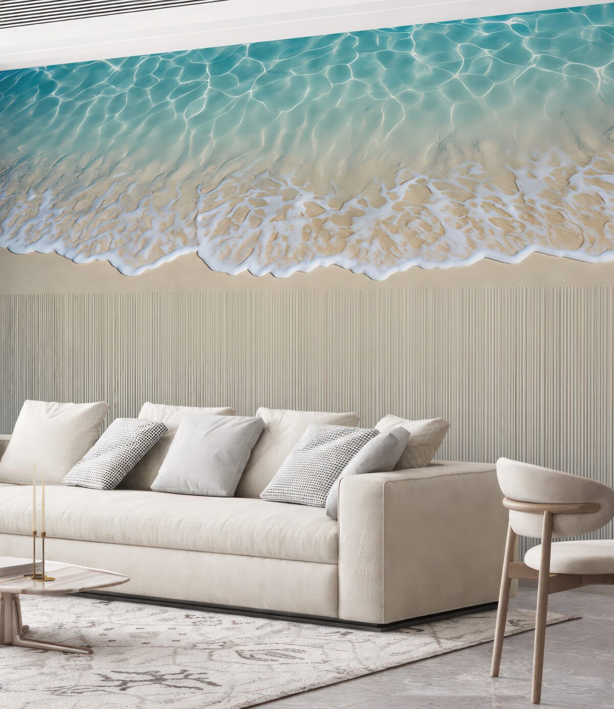 Fototapeta Tapeta w tonacjach beżu i błękitu z morskimi falami i pianą na tle w prążki.