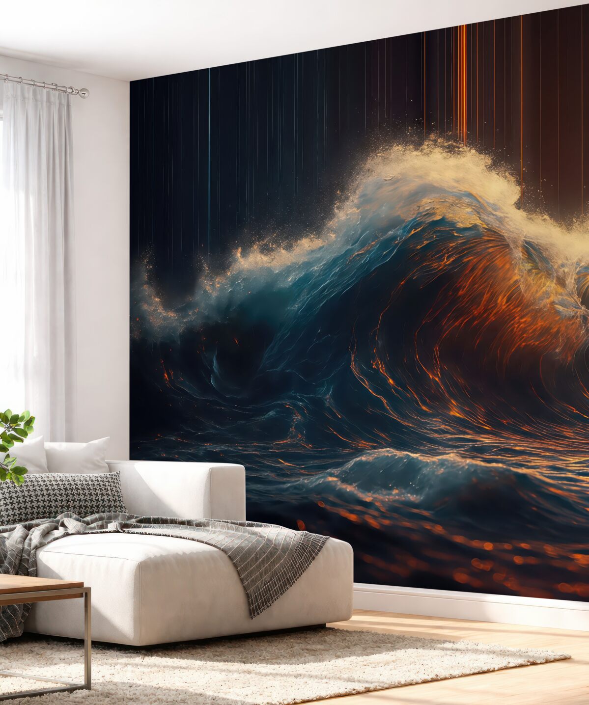 Fototapeta Ogromna, mroczna, szalejąca fala oceaniczna w ciemnych tonach z jasnymi podkreśleniami na paskowanym tle.