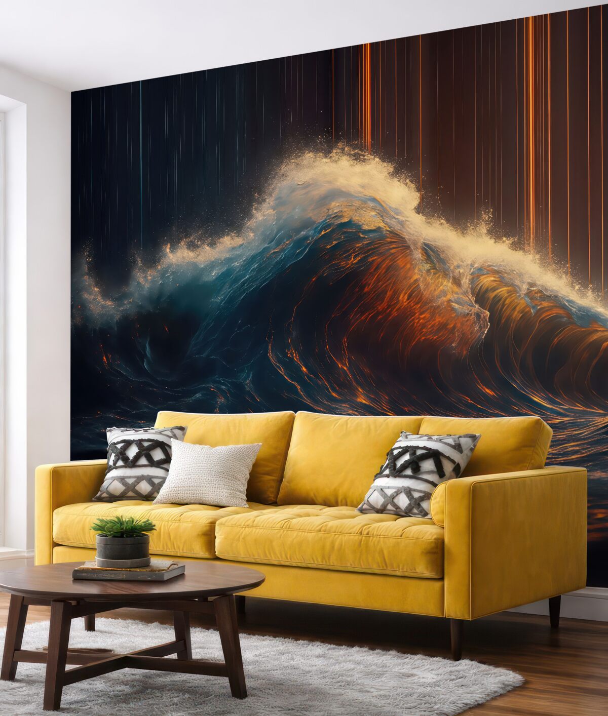 Fototapeta Ogromna, mroczna, szalejąca fala oceaniczna w ciemnych tonach z jasnymi podkreśleniami na paskowanym tle.