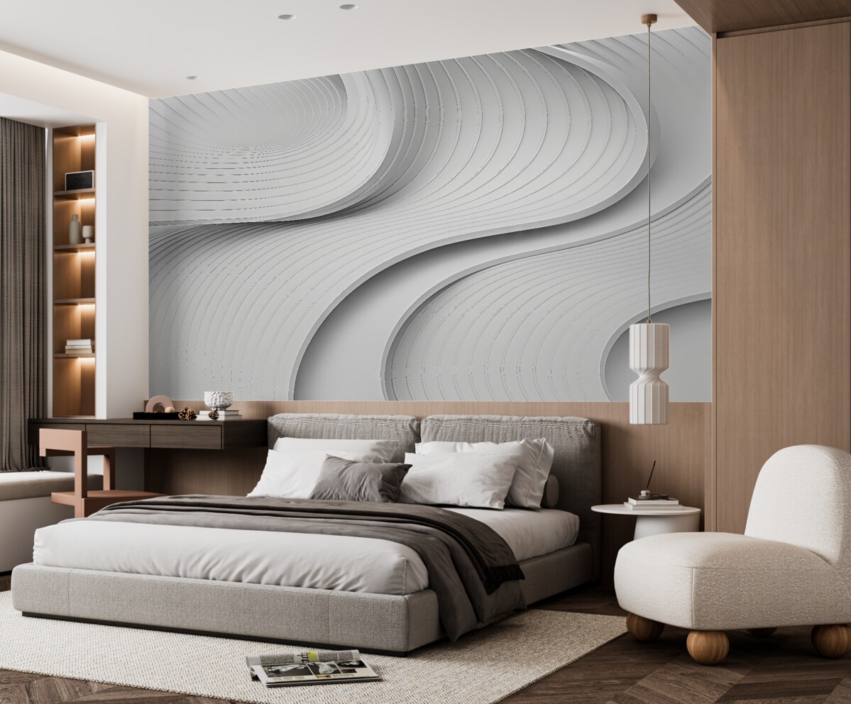 Fototapeta Stylowe, szerokie fale w formacie 3D w tonacjach szarości.