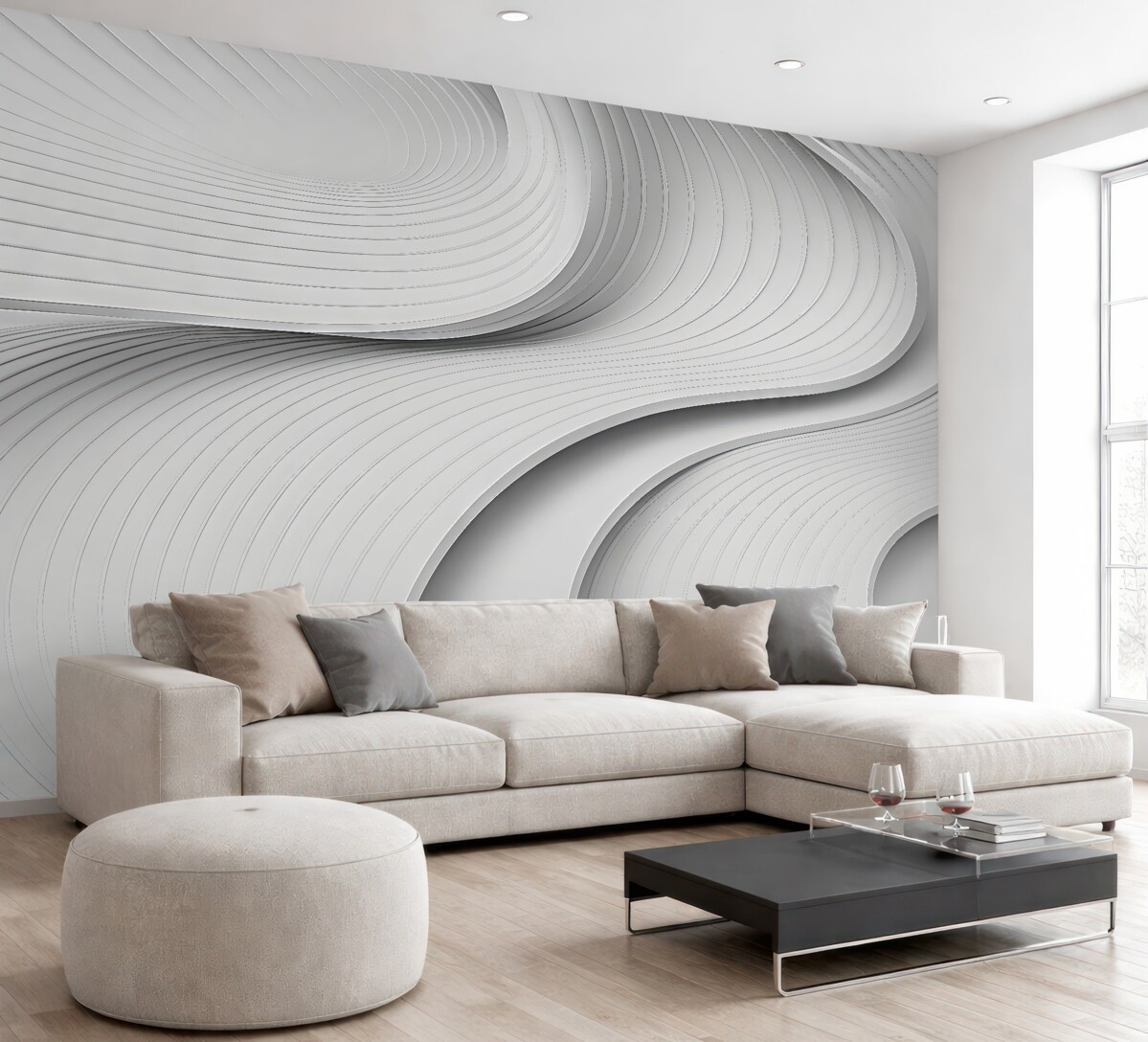 Fototapeta Stylowe, szerokie fale w formacie 3D w tonacjach szarości.