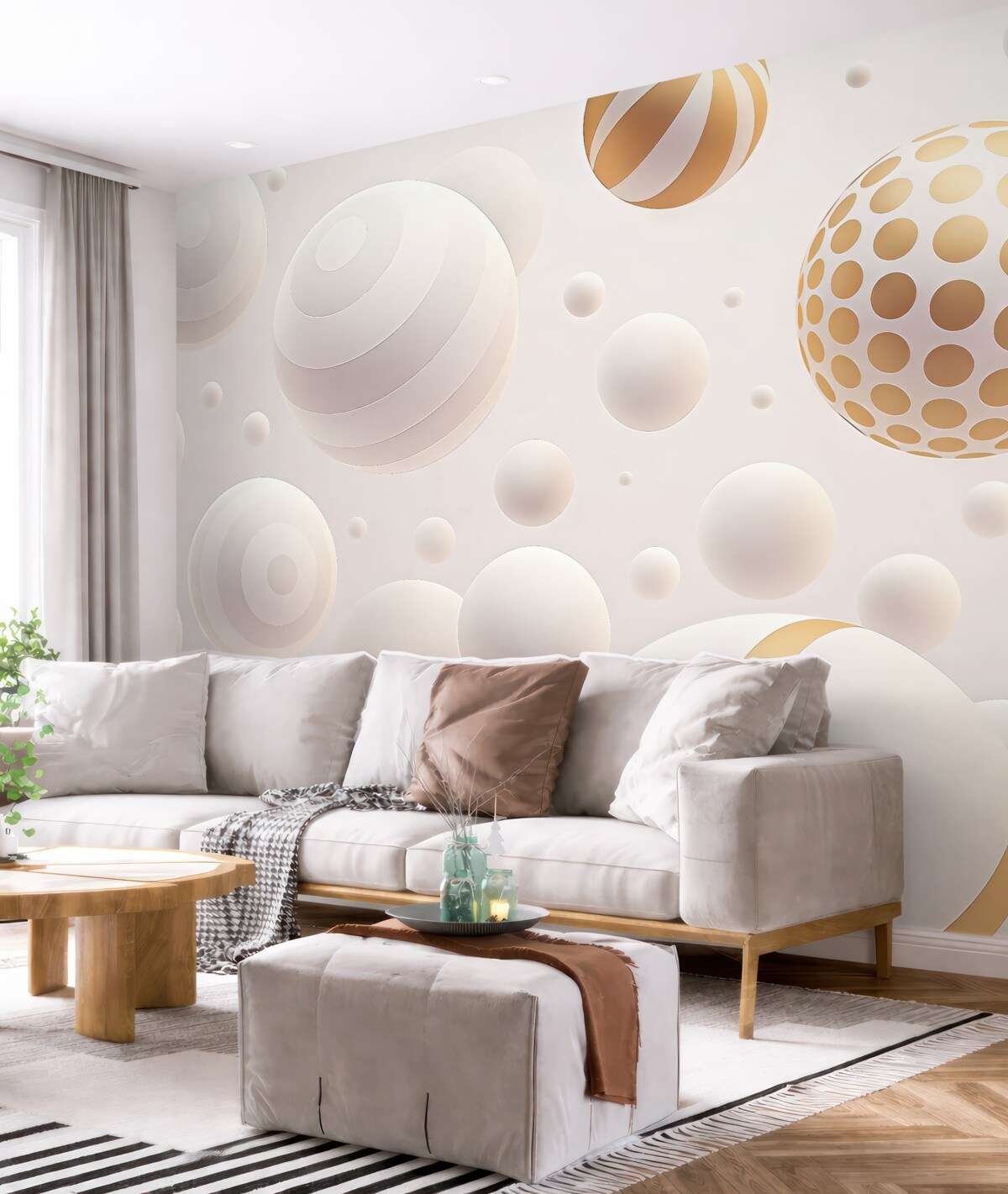 Fototapeta Wolumetryczne latające sfery w stylu 3D w jasnoszarych tonach z pomarańczowymi detalami.