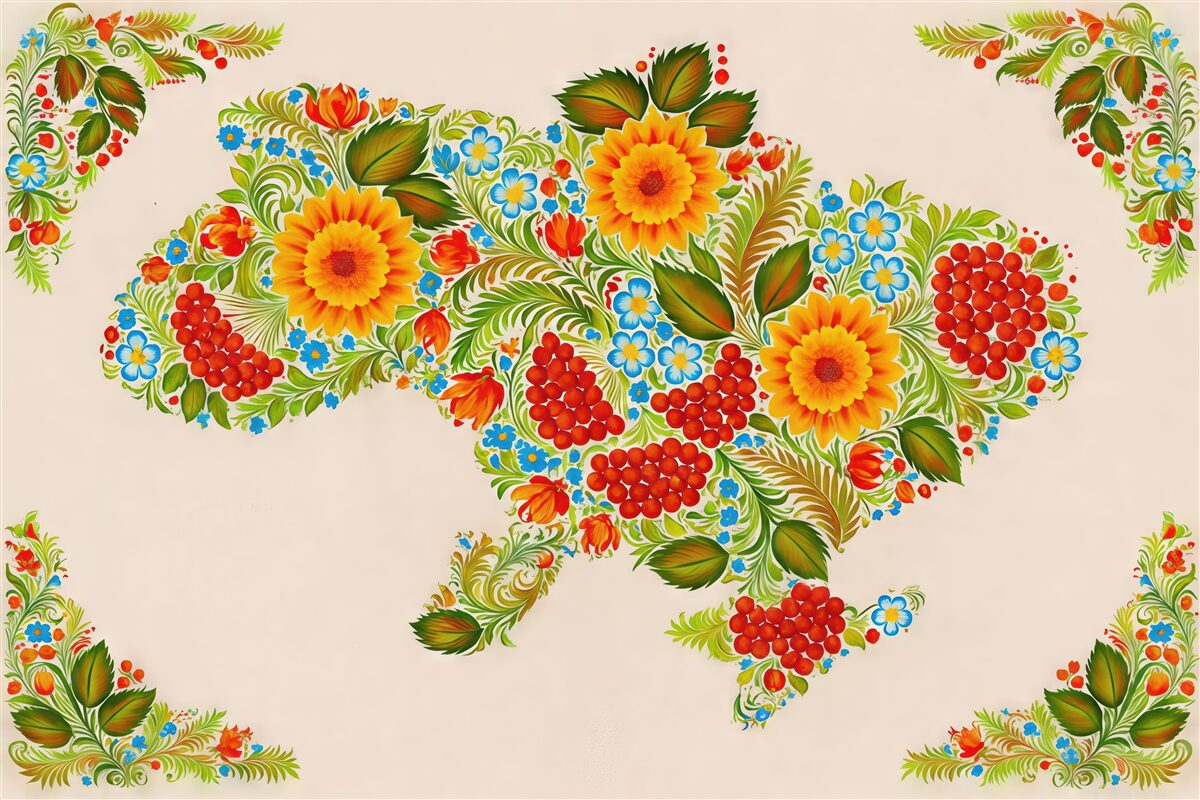 Fototapeta Mapa Ukrainy w stylu obrazu Petrikowa na jasnobeżowym tle.