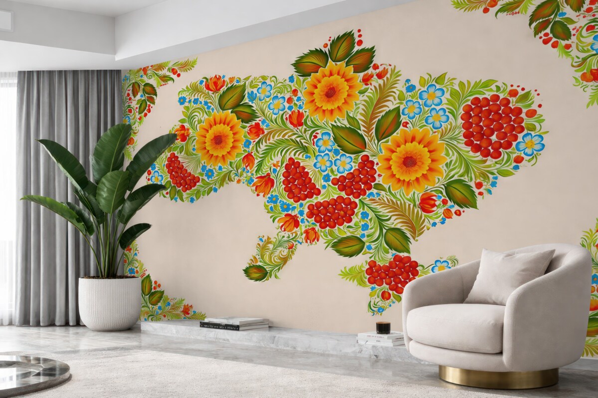 Fototapeta Mapa Ukrainy w stylu obrazu Petrikowa na jasnobeżowym tle.