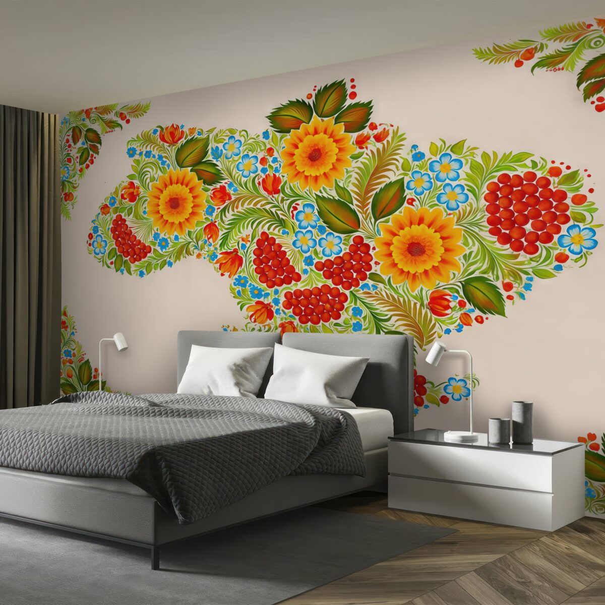 Fototapeta Mapa Ukrainy w stylu obrazu Petrikowa na jasnobeżowym tle.