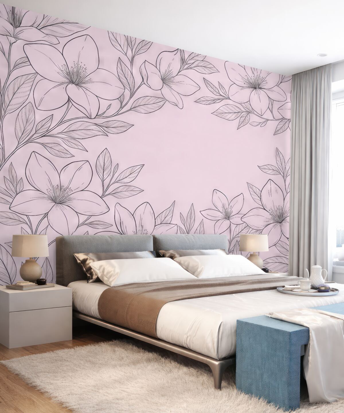 Fototapeta kwiaty namalowane na jasnoróżowym tle