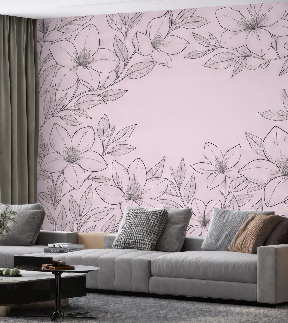 Fototapeta kwiaty namalowane na jasnoróżowym tle