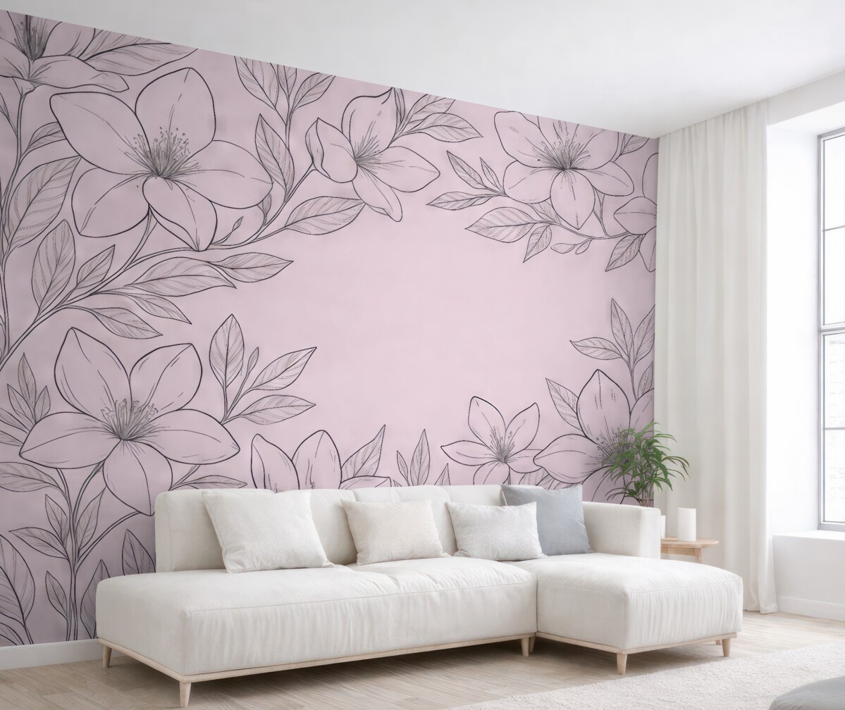 Fototapeta kwiaty namalowane na jasnoróżowym tle