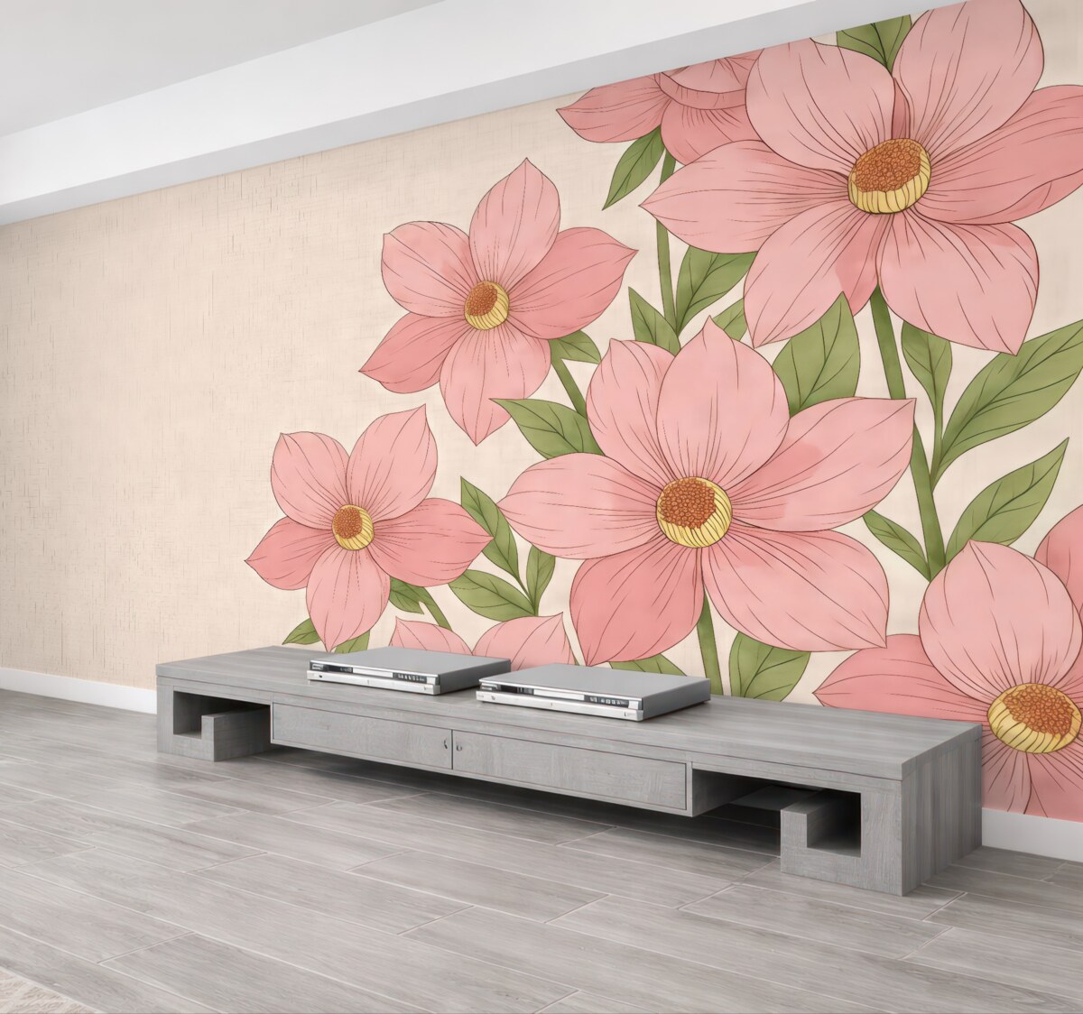 Fototapeta Różowe kwiaty, spore różowe kwiaty z prawej strony.