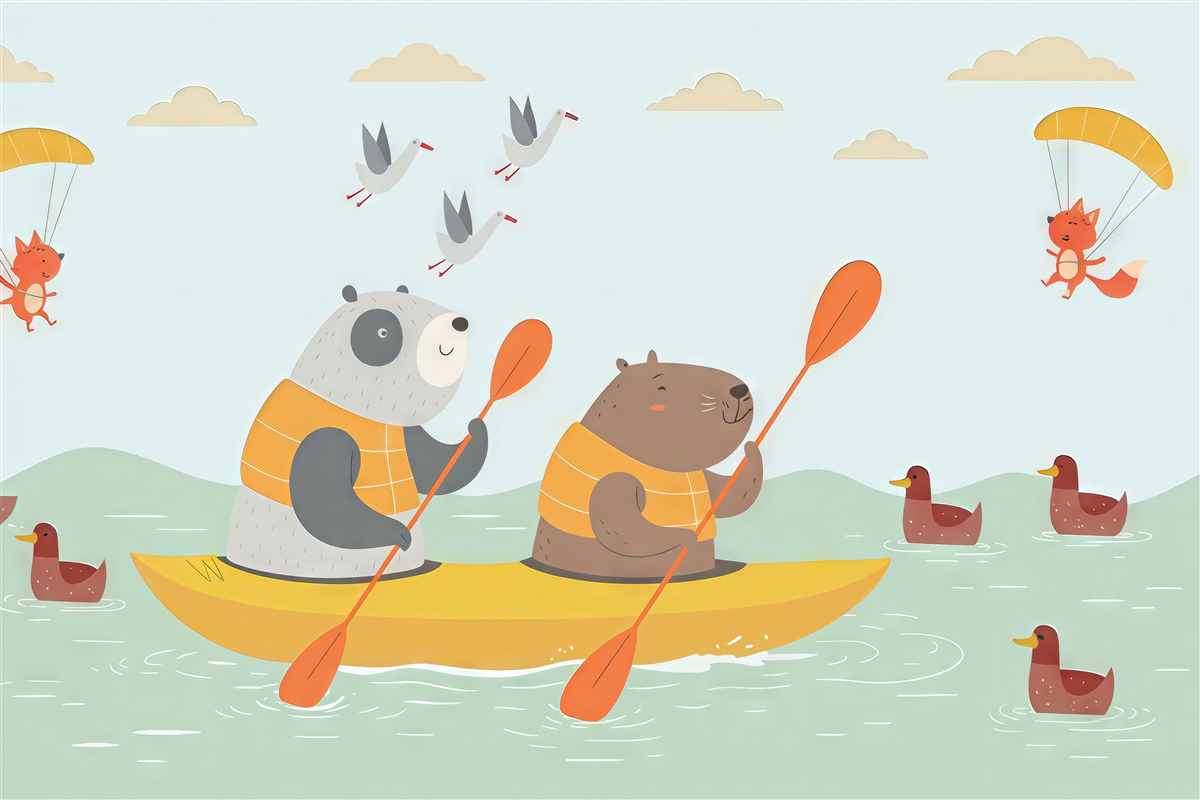 Fototapeta niedźwiedź i kapibara płynący statkiem, dla maluchów