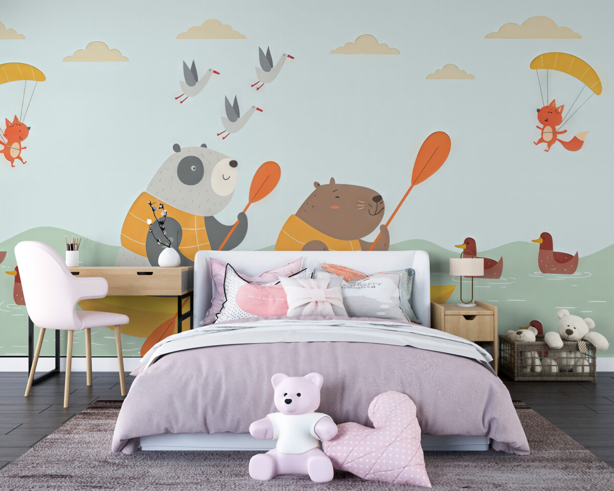 Fototapeta niedźwiedź i kapibara płynący statkiem, dla maluchów