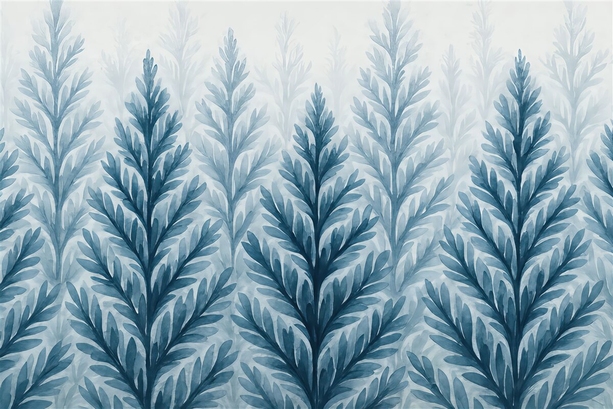 Fototapeta Niebieskie drzewka, akwarelowe choinki, gaj.