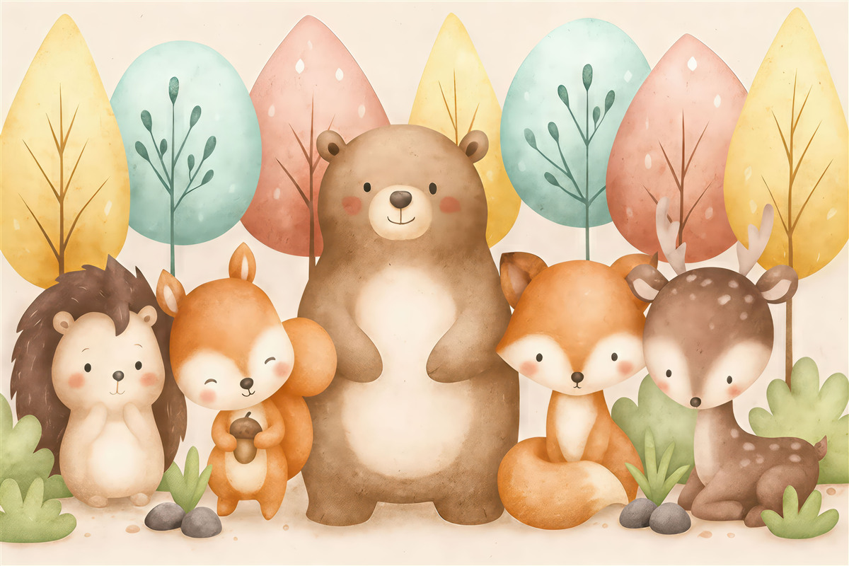 Fototapeta Fauna leśna i drzewa, niedźwiedź, wiewiórka, lis, jeż, łoś.